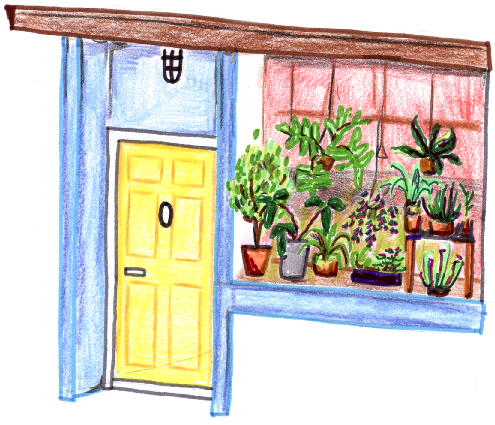 Drawing of the front of Dorsa Brevia: a recessed door next to a large window with plants.